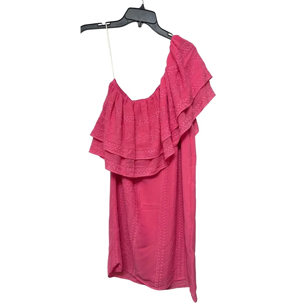 New‎ Trina Turk Phebe One Shoulder Eyelet Ruffle Mini Dress in Pink Size M